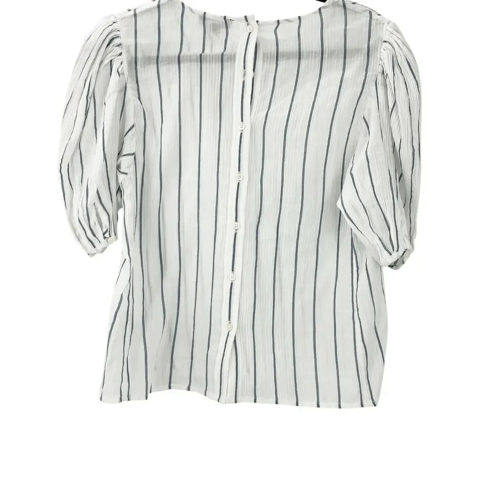J.Crew Women's Blue White Stripe Puff-Sleeve Top In Sheer Gauze Size M NWT